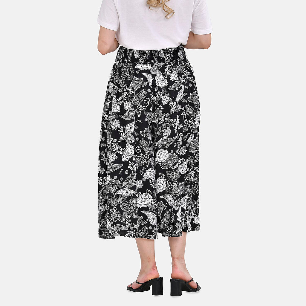 Tamsy 100% Viscose Paisley Printed Smocked Waist Culottes (Curve Size 20-26) - Black