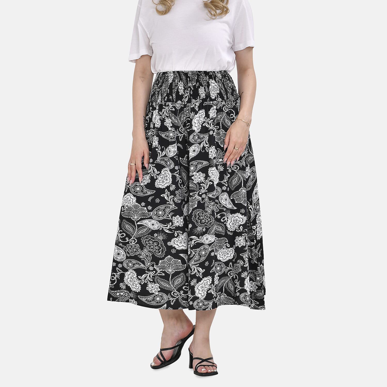 Tamsy 100% Viscose Paisley Printed Smocked Waist Culottes (Curve Size 20-26) - Black