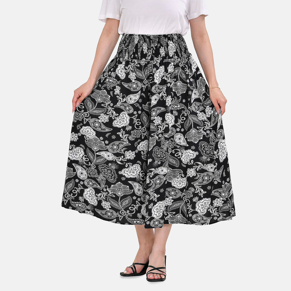Tamsy 100% Viscose Paisley Printed Smocked Waist Culottes (Curve Size 20-26) - Black