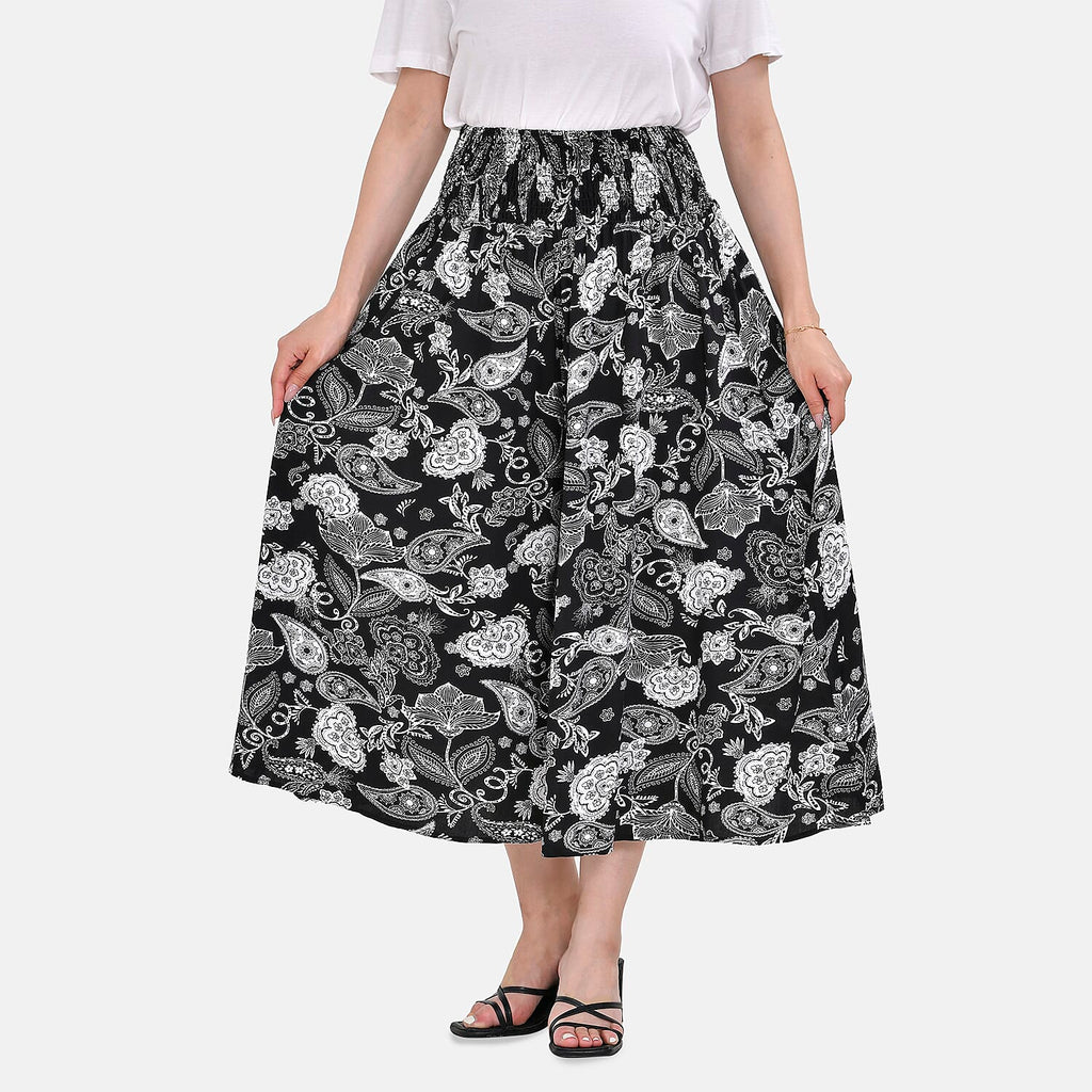 Tamsy 100% Viscose Paisley Printed Smocked Waist Culottes (Curve Size 20-26) - Black