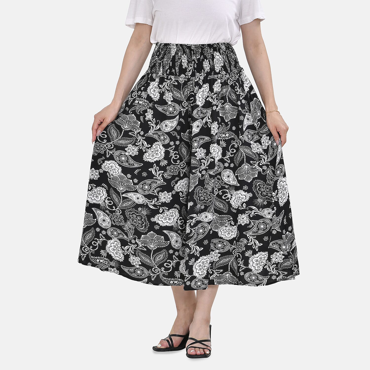 Tamsy 100% Viscose Paisley Printed Smocked Waist Culottes (Curve Size 20-26) - Black