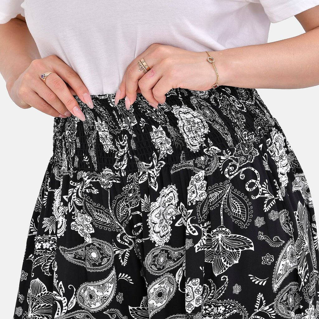 Tamsy 100% Viscose Paisley Printed Smocked Waist Culottes (Curve Size 20-26) - Black