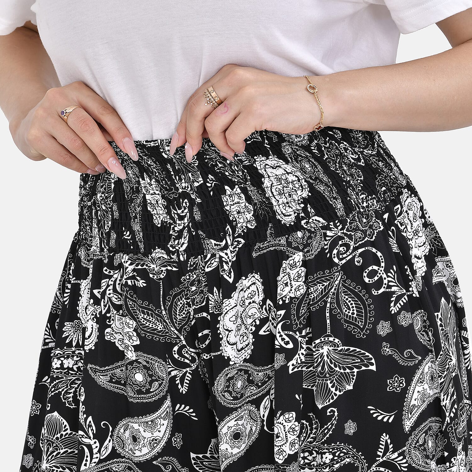 Tamsy 100% Viscose Paisley Printed Smocked Waist Culottes (Curve Size 20-26) - Black