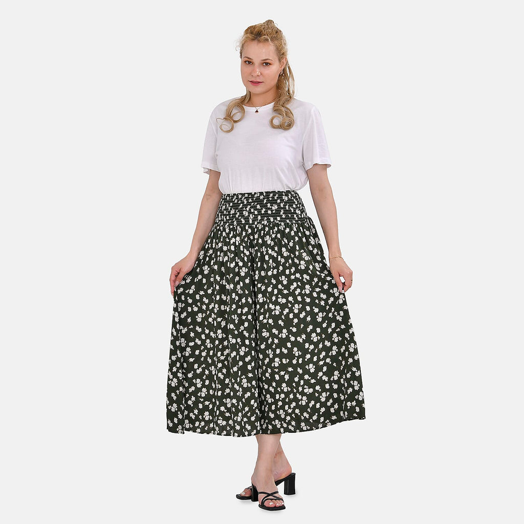 TAMSY 100% Viscose Floral Pattern Smocked Waist Culotte (One Size Curve) - Green