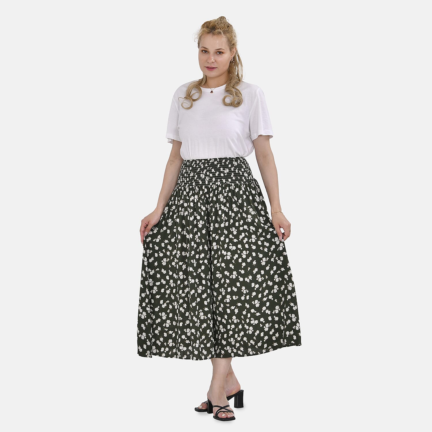 TAMSY 100% Viscose Floral Pattern Smocked Waist Culotte (One Size Curve) - Green