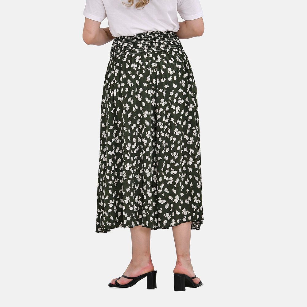TAMSY 100% Viscose Floral Pattern Smocked Waist Culotte (One Size Curve) - Green