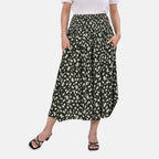 TAMSY 100% Viscose Floral Pattern Smocked Waist Culotte (One Size Curve) - Green