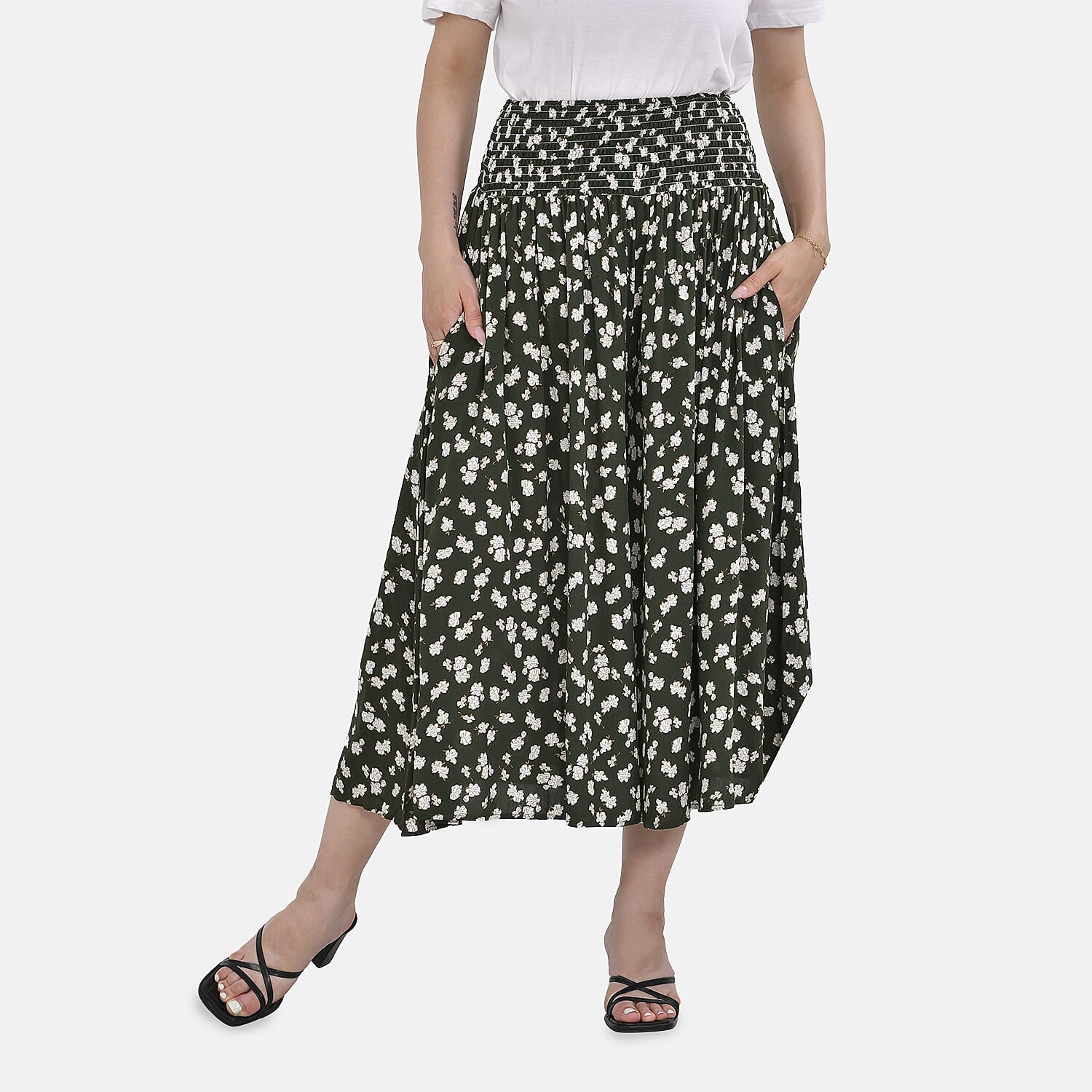 TAMSY 100% Viscose Floral Pattern Smocked Waist Culotte (One Size Curve) - Green