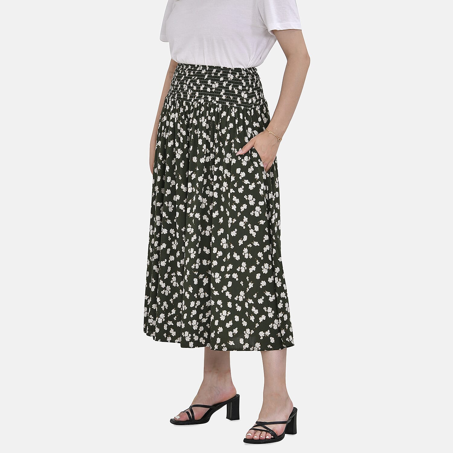 TAMSY 100% Viscose Floral Pattern Smocked Waist Culotte (One Size Curve) - Green