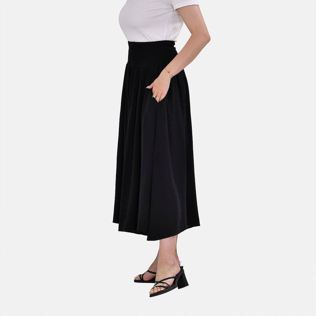 TAMSY 100% Viscose Smocked Waist Culottes (One Size) - Black