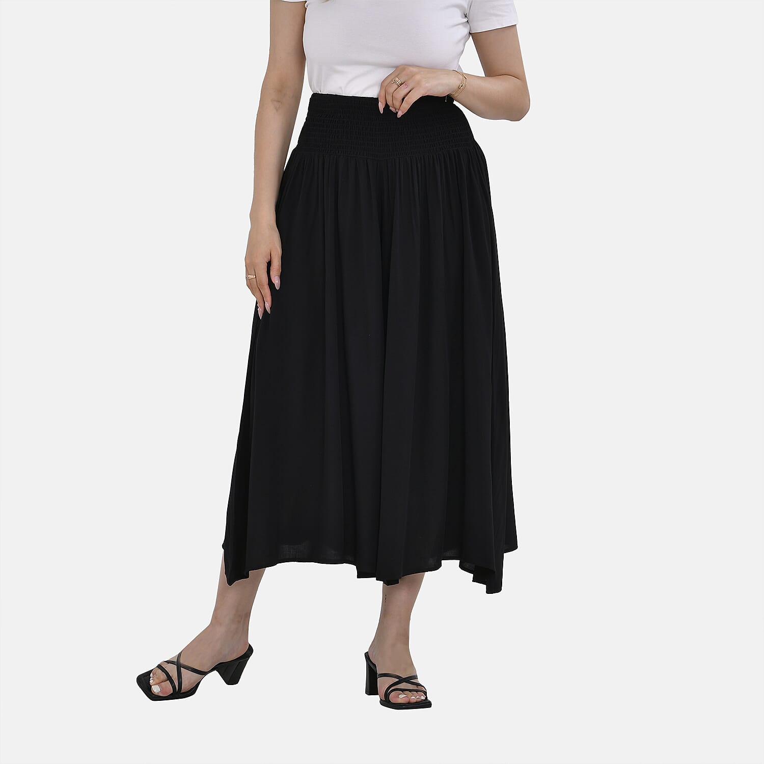 TAMSY 100% Viscose Smocked Waist Culottes (One Size) - Black