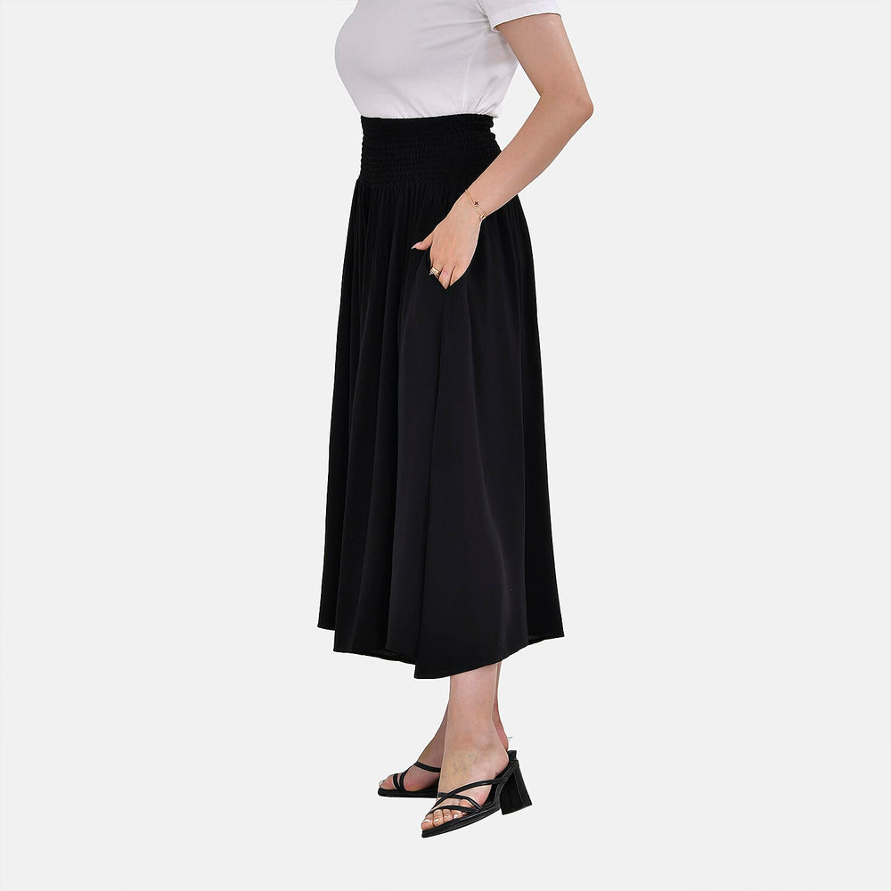 TAMSY 100% Viscose Smocked Waist Culottes (One Size Curve) - Black