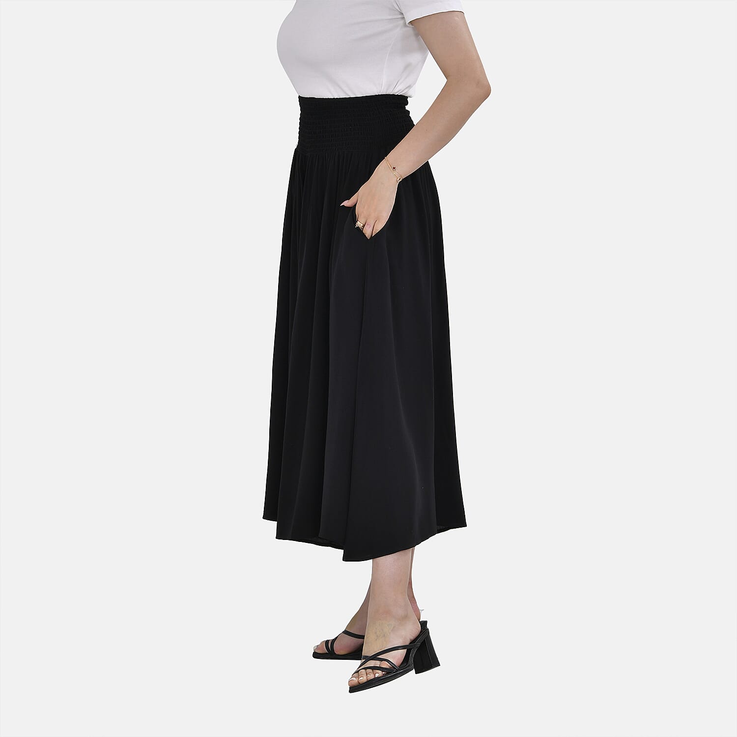 TAMSY 100% Viscose Smocked Waist Culottes (One Size Curve) - Black