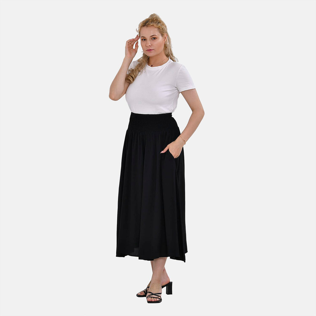 TAMSY 100% Viscose Smocked Waist Culottes (One Size Curve) - Black
