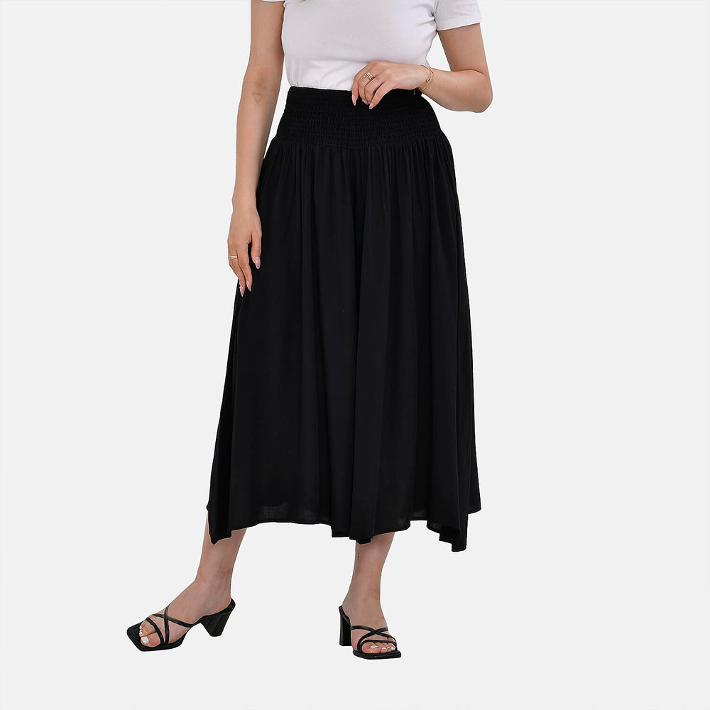 TAMSY 100% Viscose Smocked Waist Culottes (One Size Curve) - Black