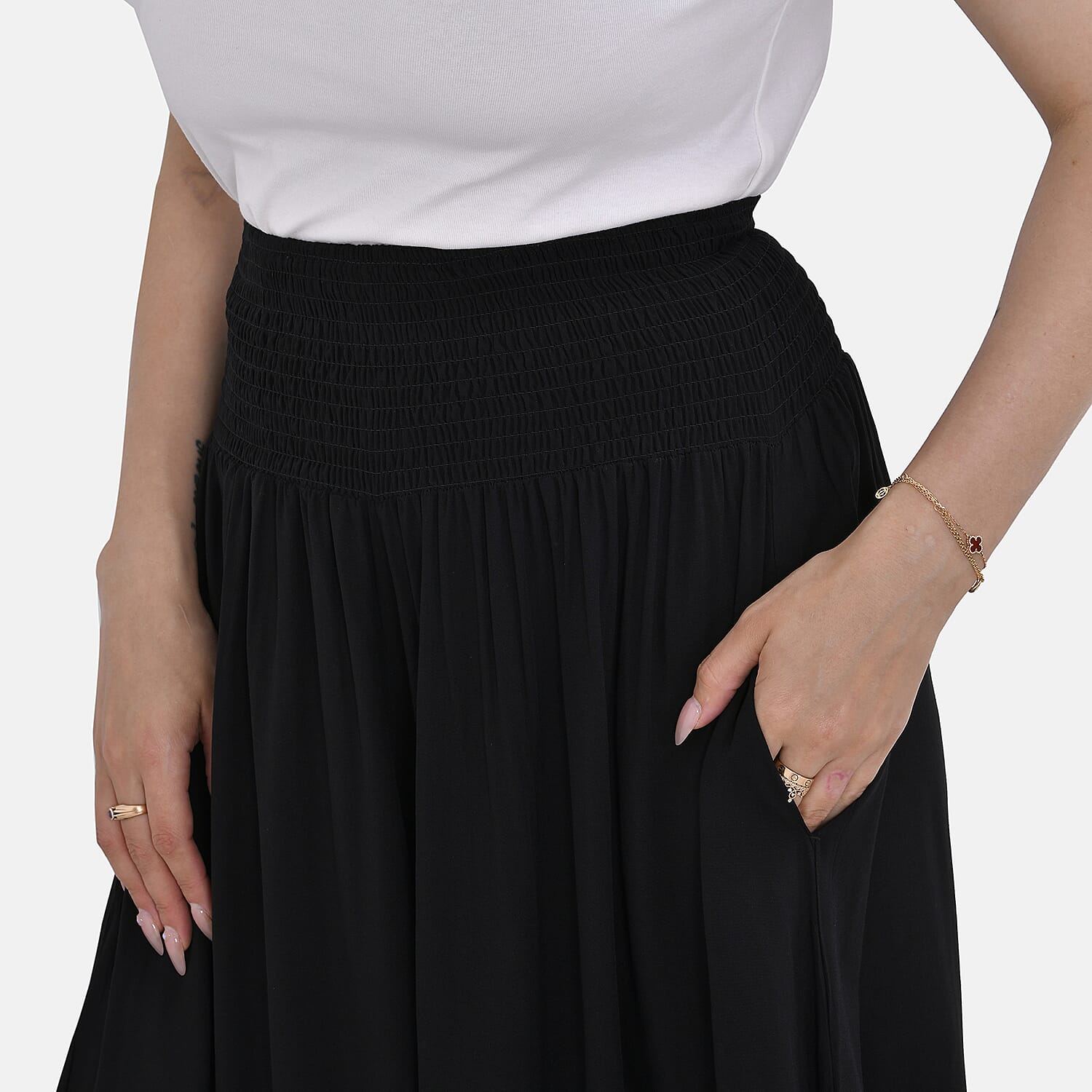 TAMSY 100% Viscose Smocked Waist Culottes (One Size Curve) - Black