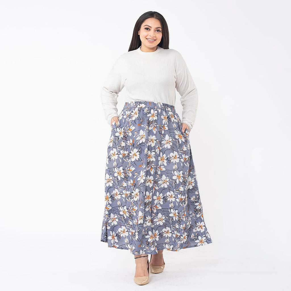 TAMSY 100% Viscose Floral Printed Skirt With Elastic on Waist (Size M) - Grey