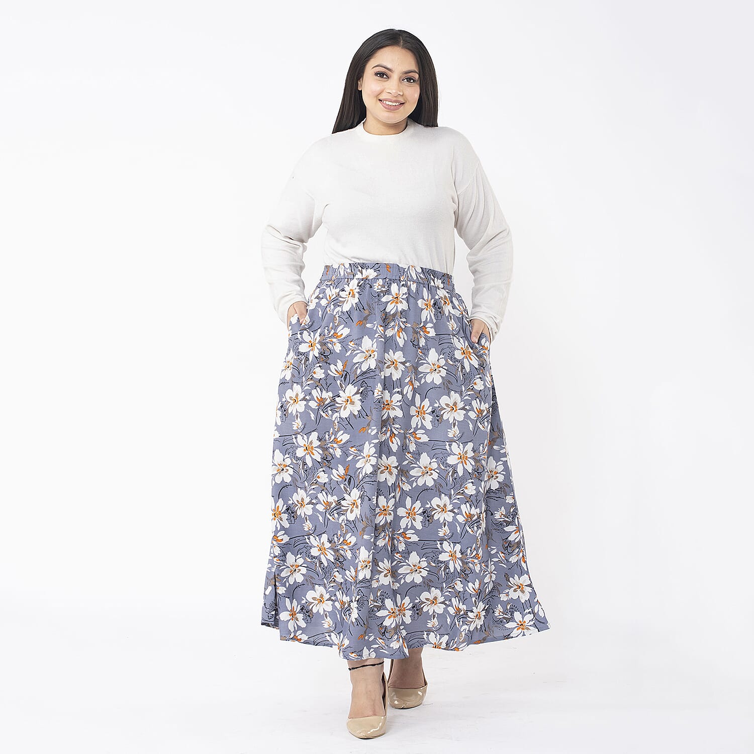 TAMSY 100% Viscose Floral Printed Skirt With Elastic on Waist (Size M) - Grey