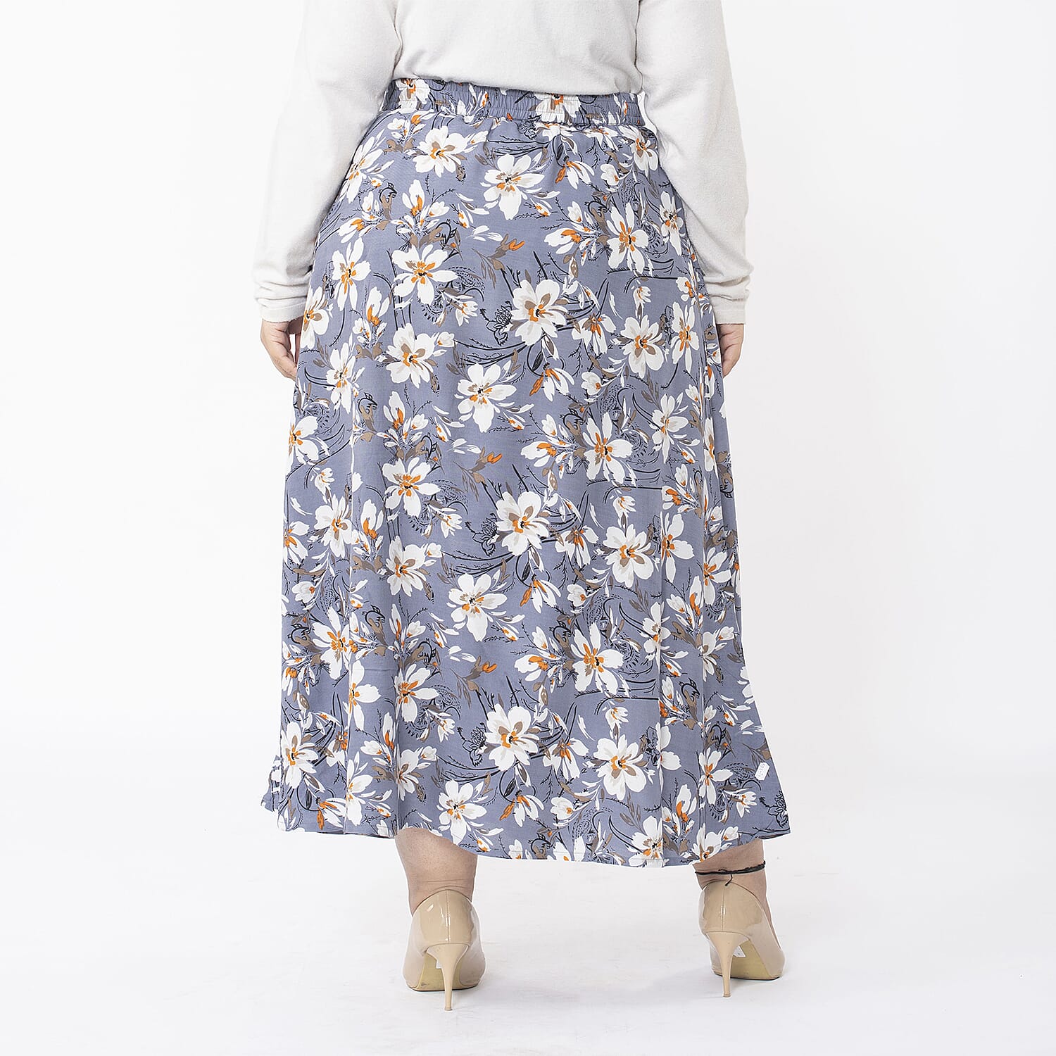 TAMSY 100% Viscose Floral Printed Skirt With Elastic on Waist (Size M) - Grey