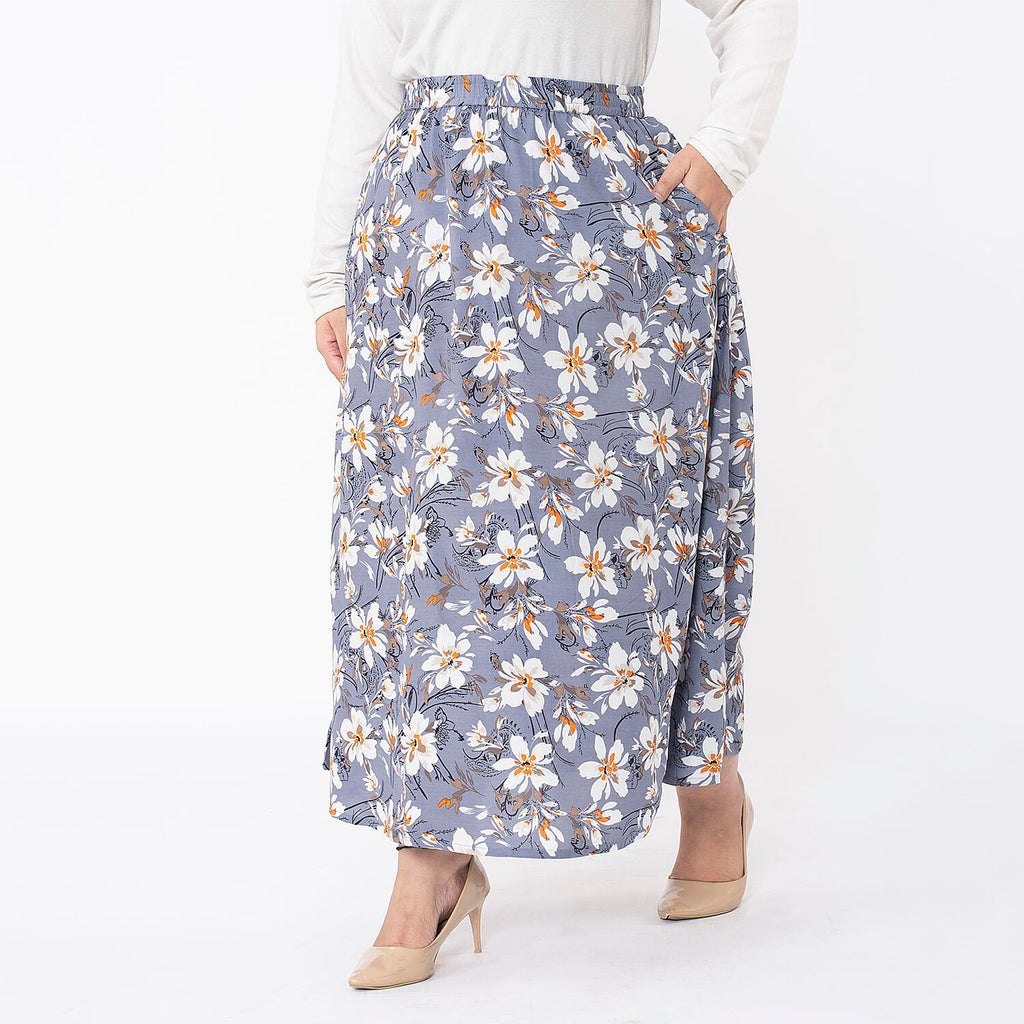 TAMSY 100% Viscose Floral Printed Skirt With Elastic on Waist (Size M) - Grey