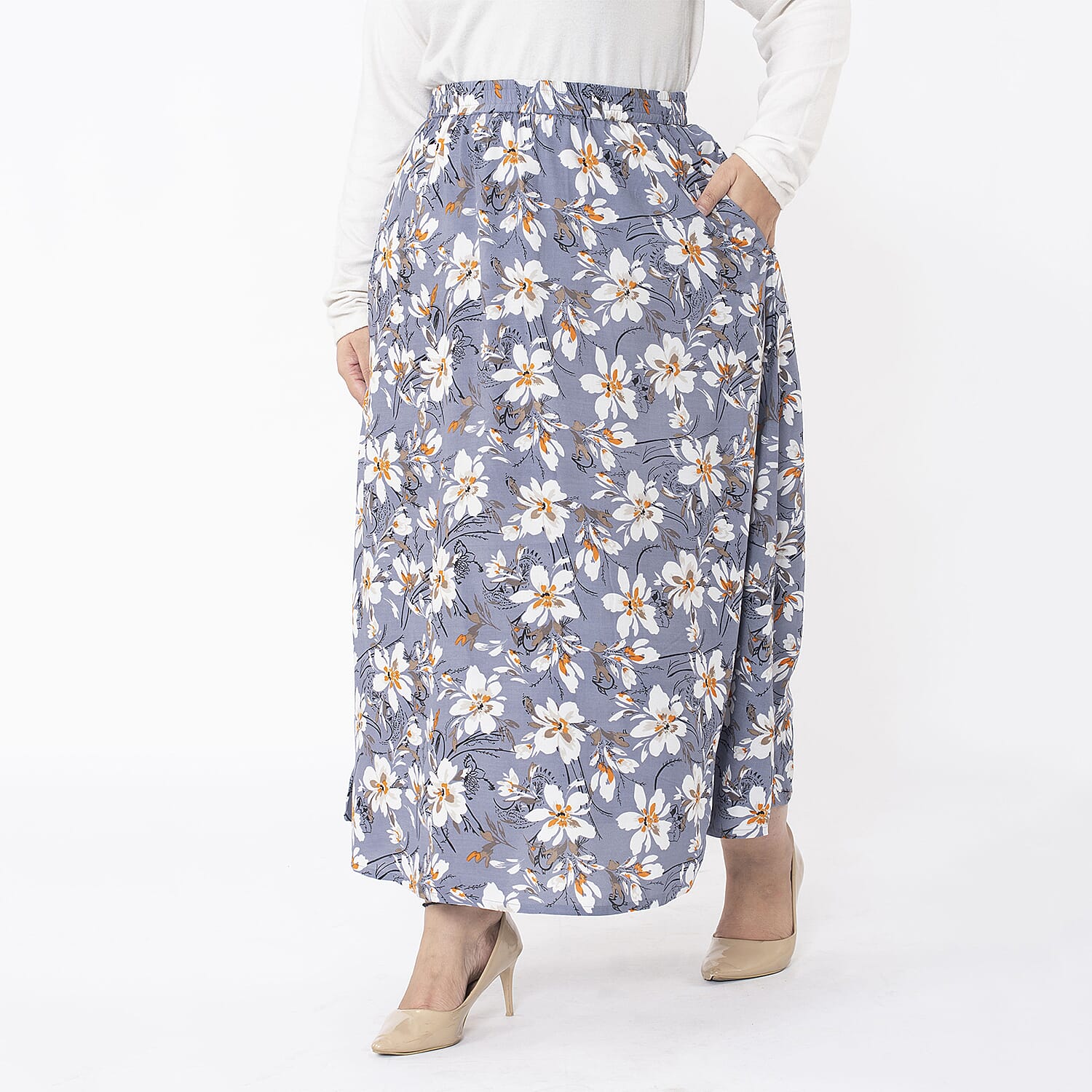 TAMSY 100% Viscose Floral Printed Skirt With Elastic on Waist (Size M) - Grey