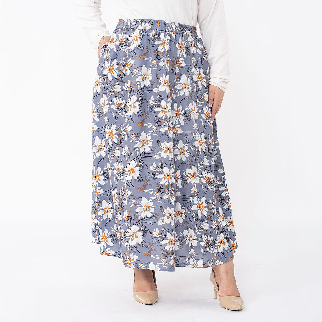TAMSY 100% Viscose Floral Printed Skirt With Elastic on Waist (Size M) - Grey