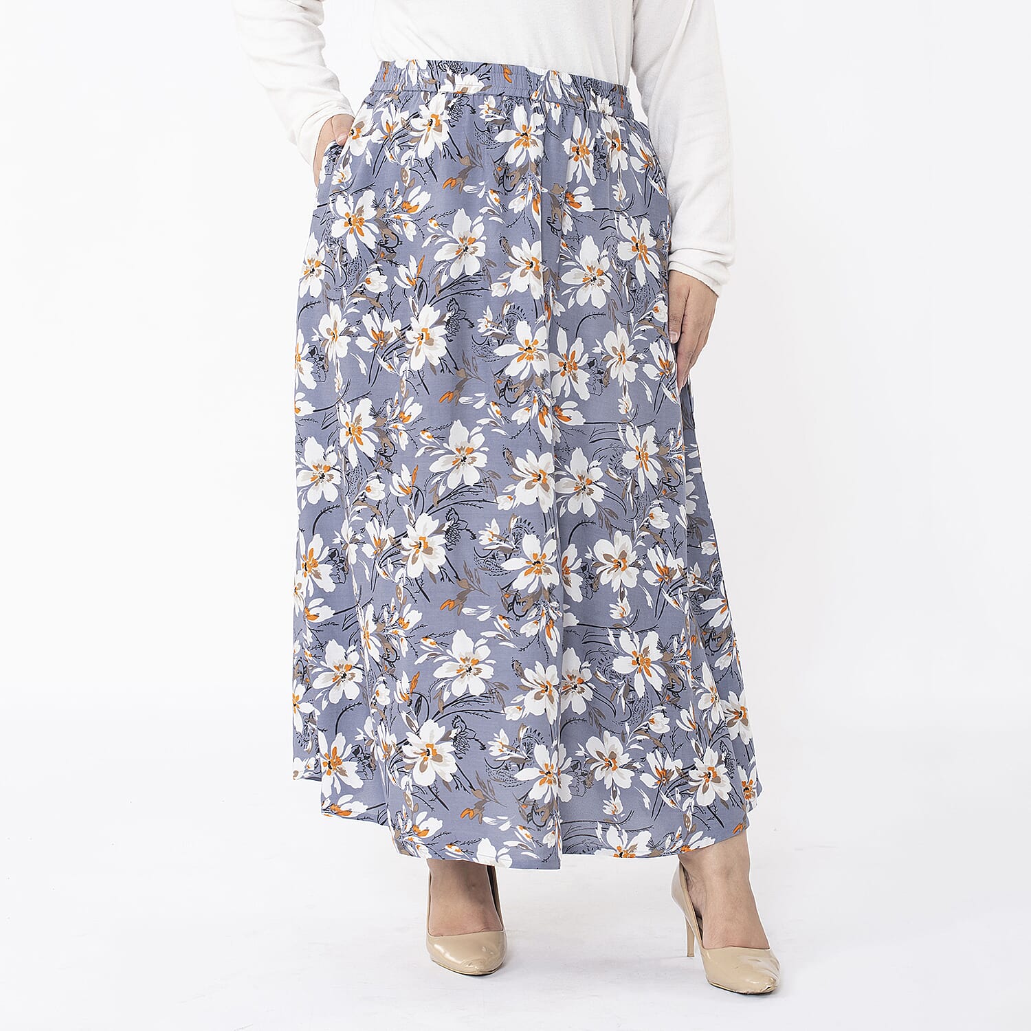TAMSY 100% Viscose Floral Printed Skirt With Elastic on Waist (Size M) - Grey