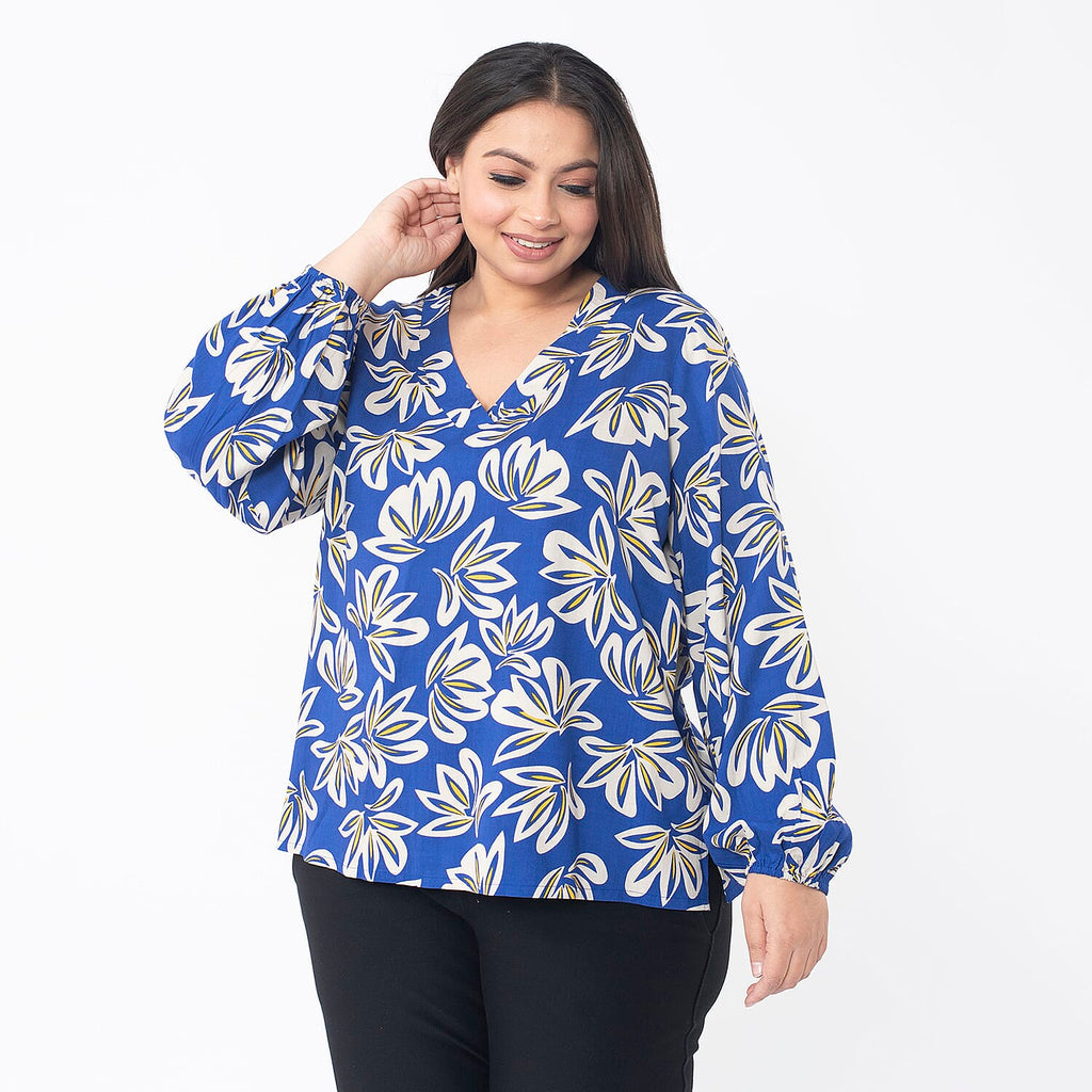 TAMSY 100% Viscose Floral Printed V Neck Full Sleeve Top with Elastic at Cuffs (Size S,08-10) - Navy