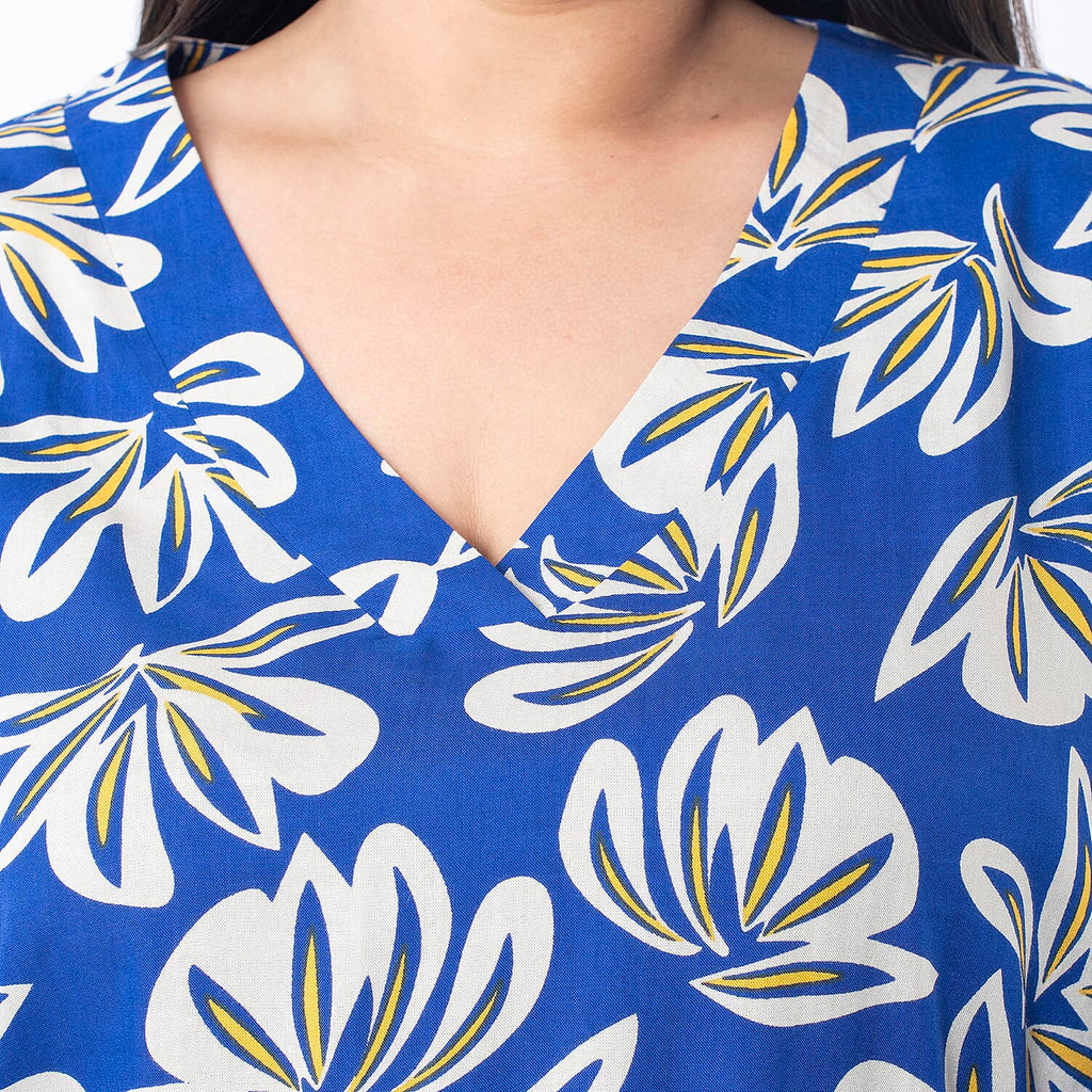 TAMSY 100% Viscose Floral Printed V Neck Full Sleeve Top with Elastic at Cuffs (Size S,08-10) - Navy