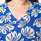 TAMSY 100% Viscose Floral Printed V Neck Full Sleeve Top with Elastic at Cuffs (Size S,08-10) - Navy