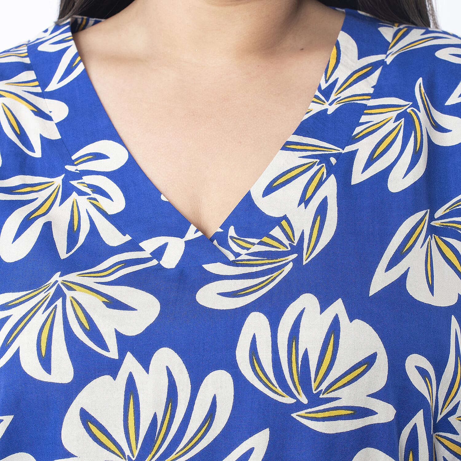 TAMSY 100% Viscose Floral Printed V Neck Full Sleeve Top with Elastic at Cuffs (Size S,08-10) - Navy