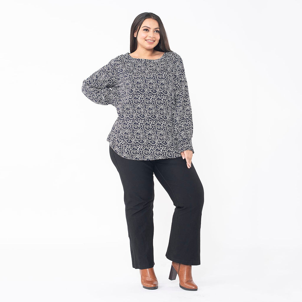 TAMSY 100% Viscose Floral Printed Bishop Sleeve Top  (Size L,16-18) - Navy