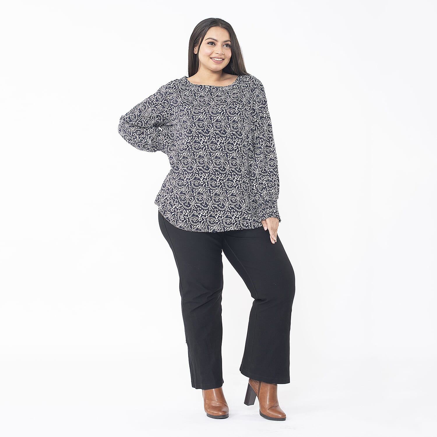 TAMSY 100% Viscose Floral Printed Bishop Sleeve Top  (Size L,16-18) - Navy