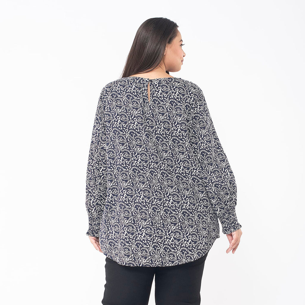 TAMSY 100% Viscose Floral Printed Bishop Sleeve Top  (Size L,16-18) - Navy