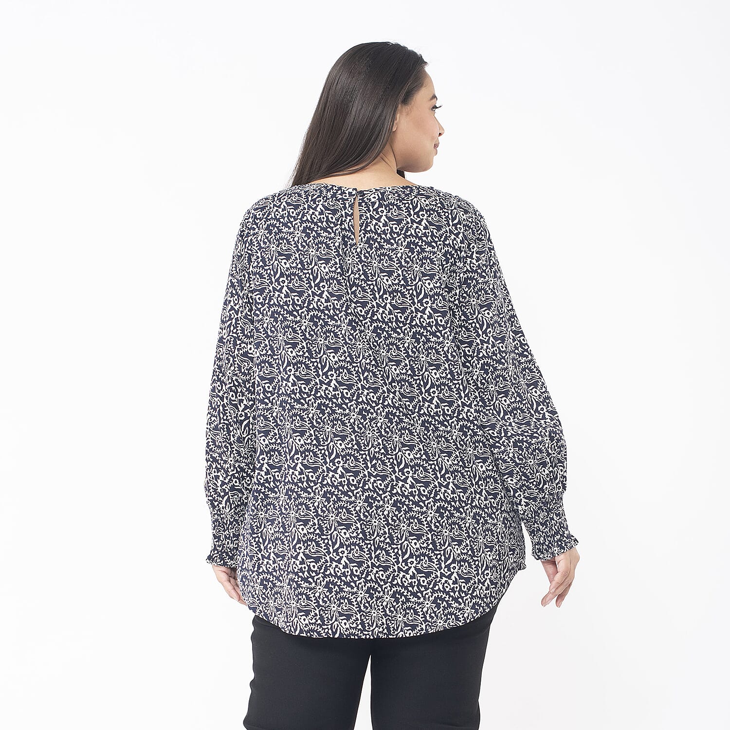 TAMSY 100% Viscose Floral Printed Full Sleeve Top with Smoking Elastic at Cuffs (Size XL,20-22) - Navy