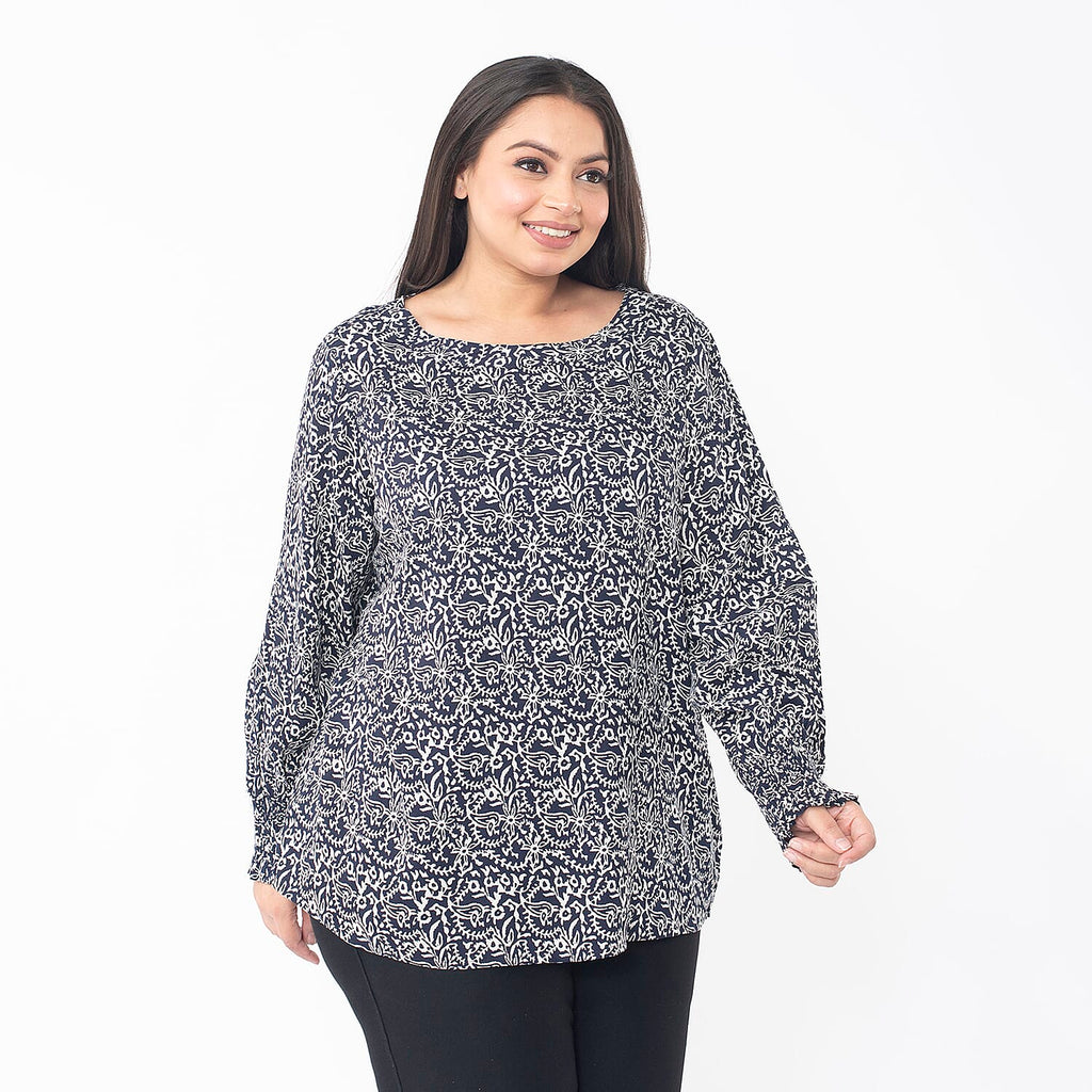 TAMSY 100% Viscose Floral Printed Full Sleeve Top with Smoking Elastic at Cuffs (Size XL,20-22) - Navy