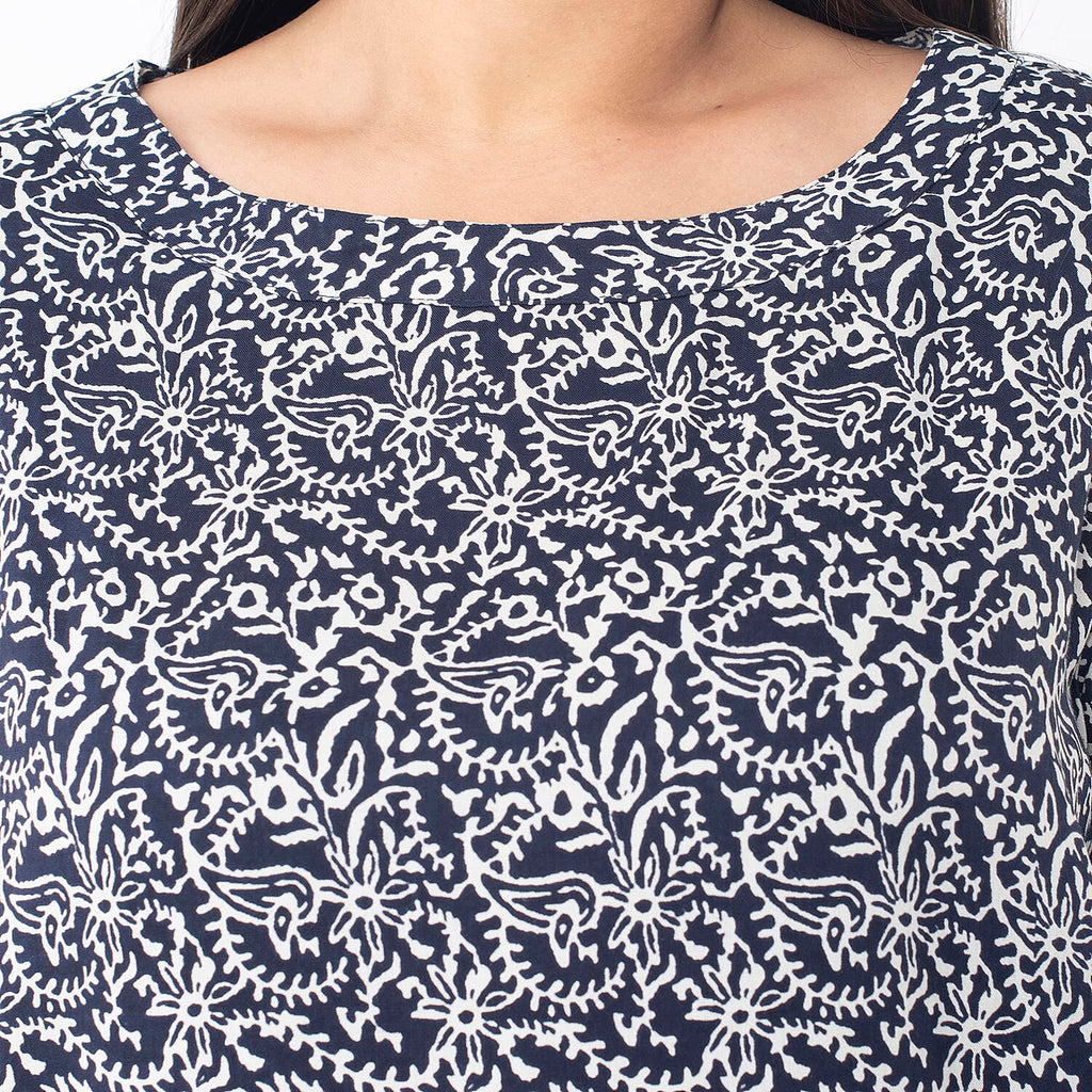 TAMSY 100% Viscose Floral Printed Full Sleeve Top with Smoking Elastic at Cuffs (Size XL,20-22) - Navy
