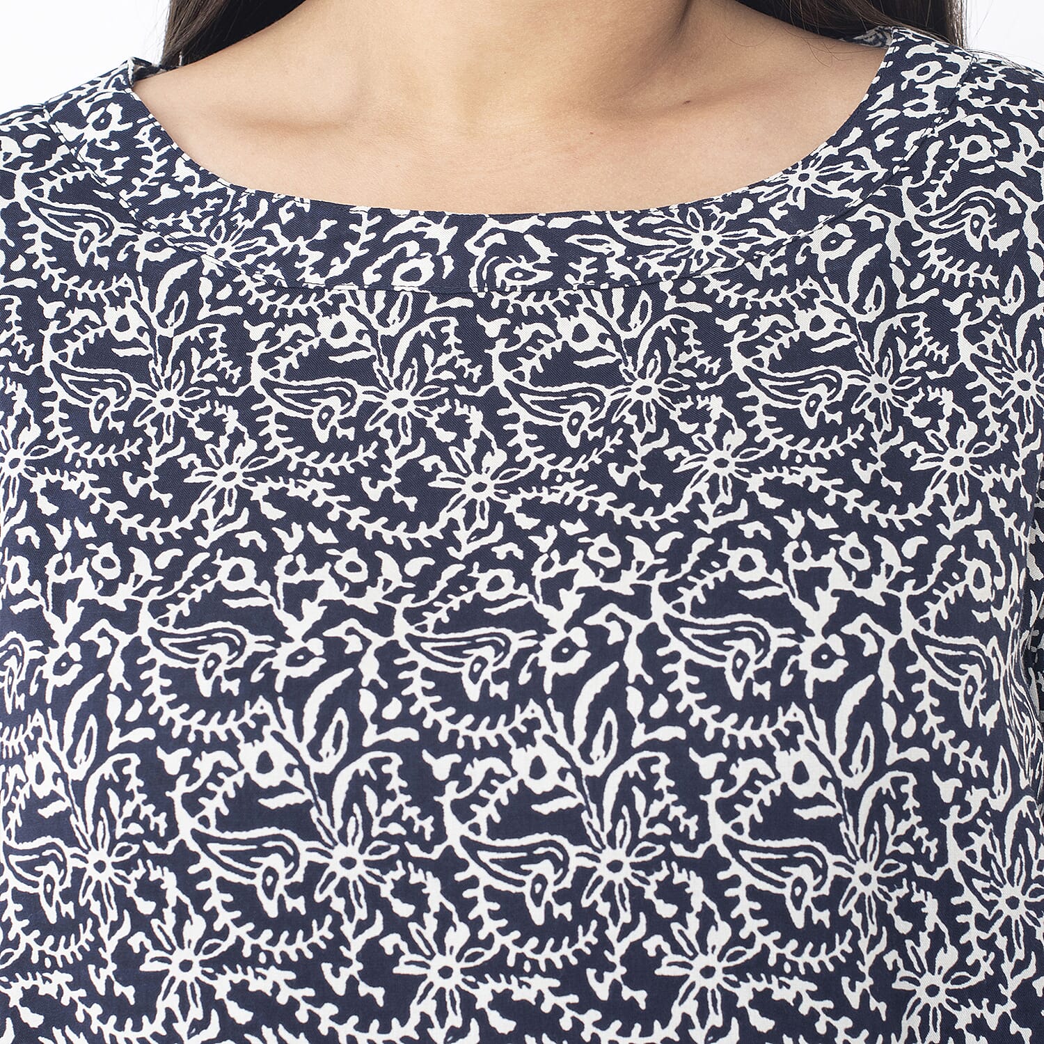 TAMSY 100% Viscose Floral Printed Full Sleeve Top with Smoking Elastic at Cuffs (Size XL,20-22) - Navy
