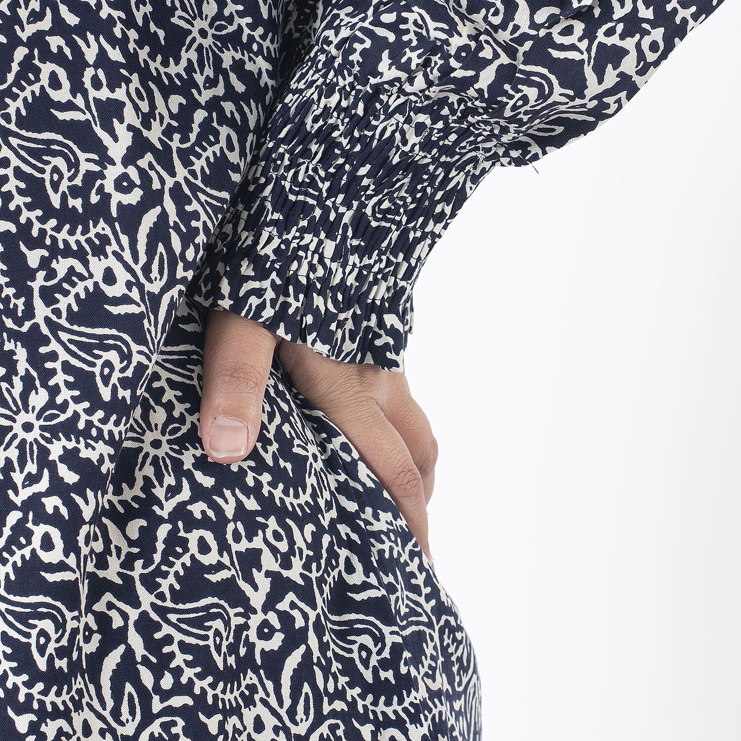 TAMSY 100% Viscose Floral Printed Full Sleeve Top with Smoking Elastic at Cuffs (Size XL,20-22) - Navy