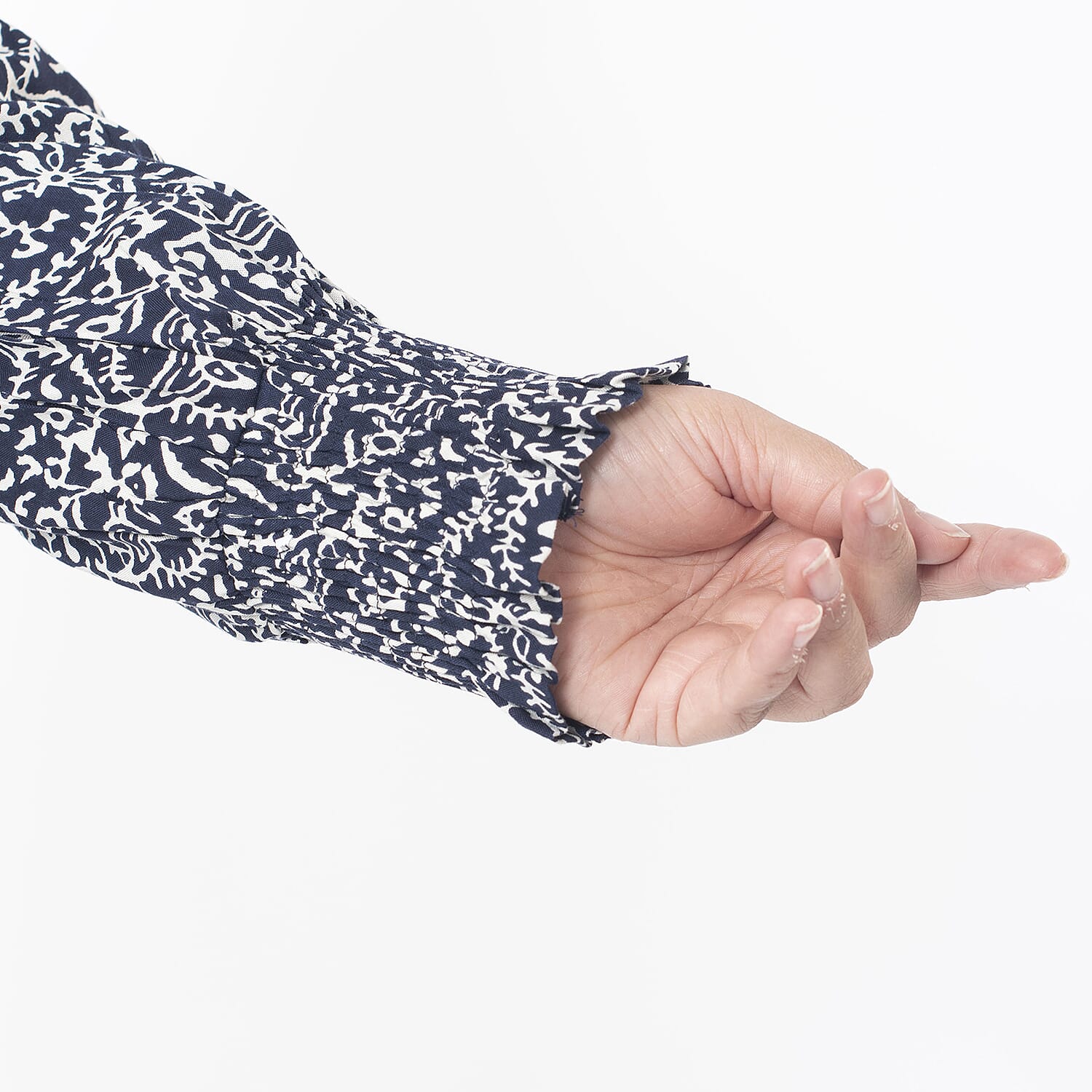 TAMSY 100% Viscose Floral Printed Full Sleeve Top with Smoking Elastic at Cuffs (Size XL,20-22) - Navy