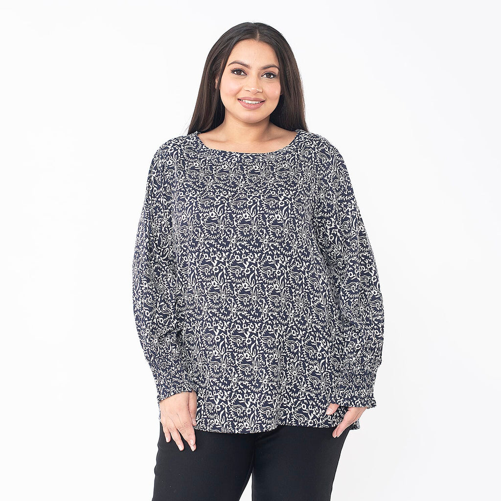 TAMSY 100% Viscose Floral Printed Bishop Sleeve Top  (Size XXL, 24-26) - Navy