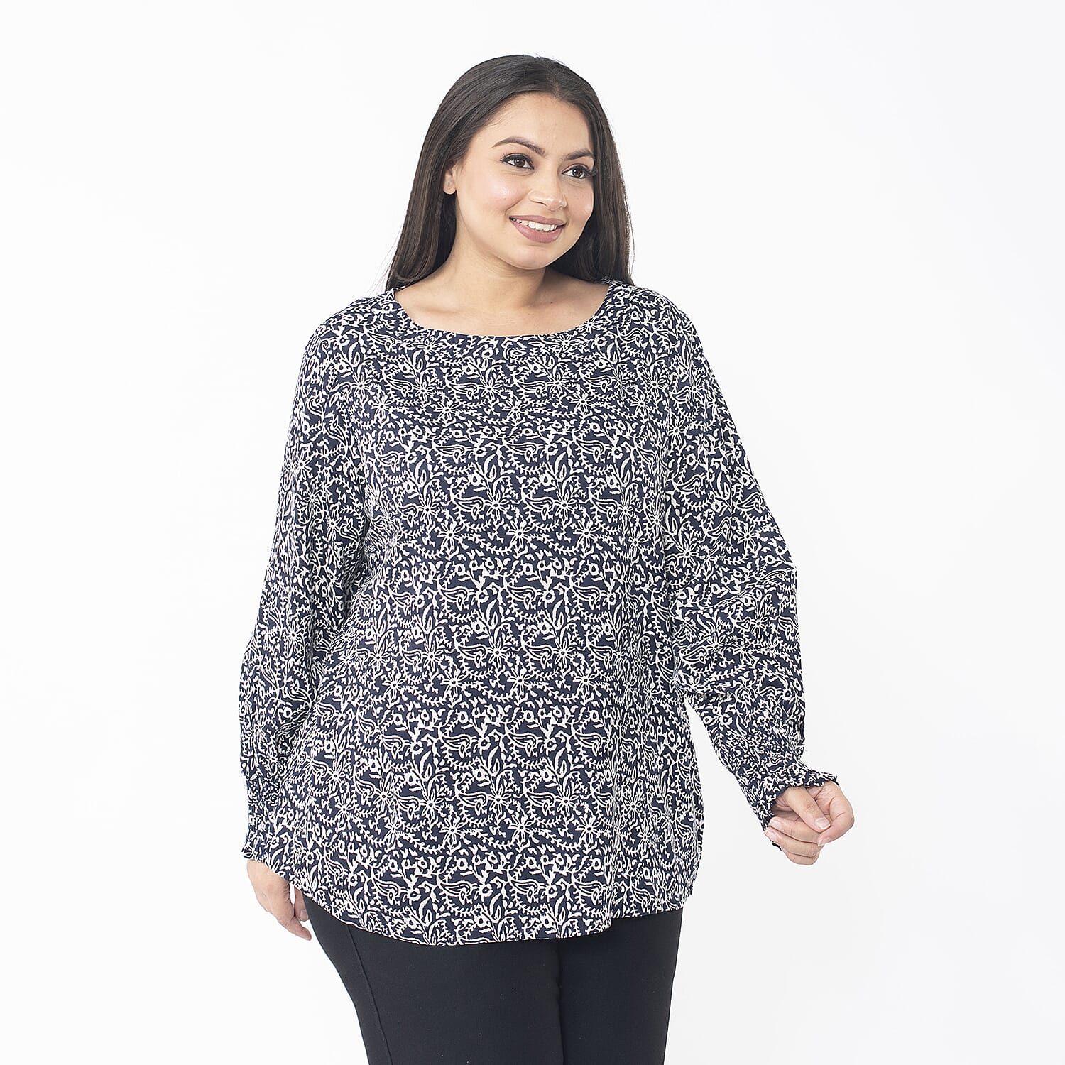 TAMSY 100% Viscose Floral Printed Bishop Sleeve Top  (Size XXL, 24-26) - Navy