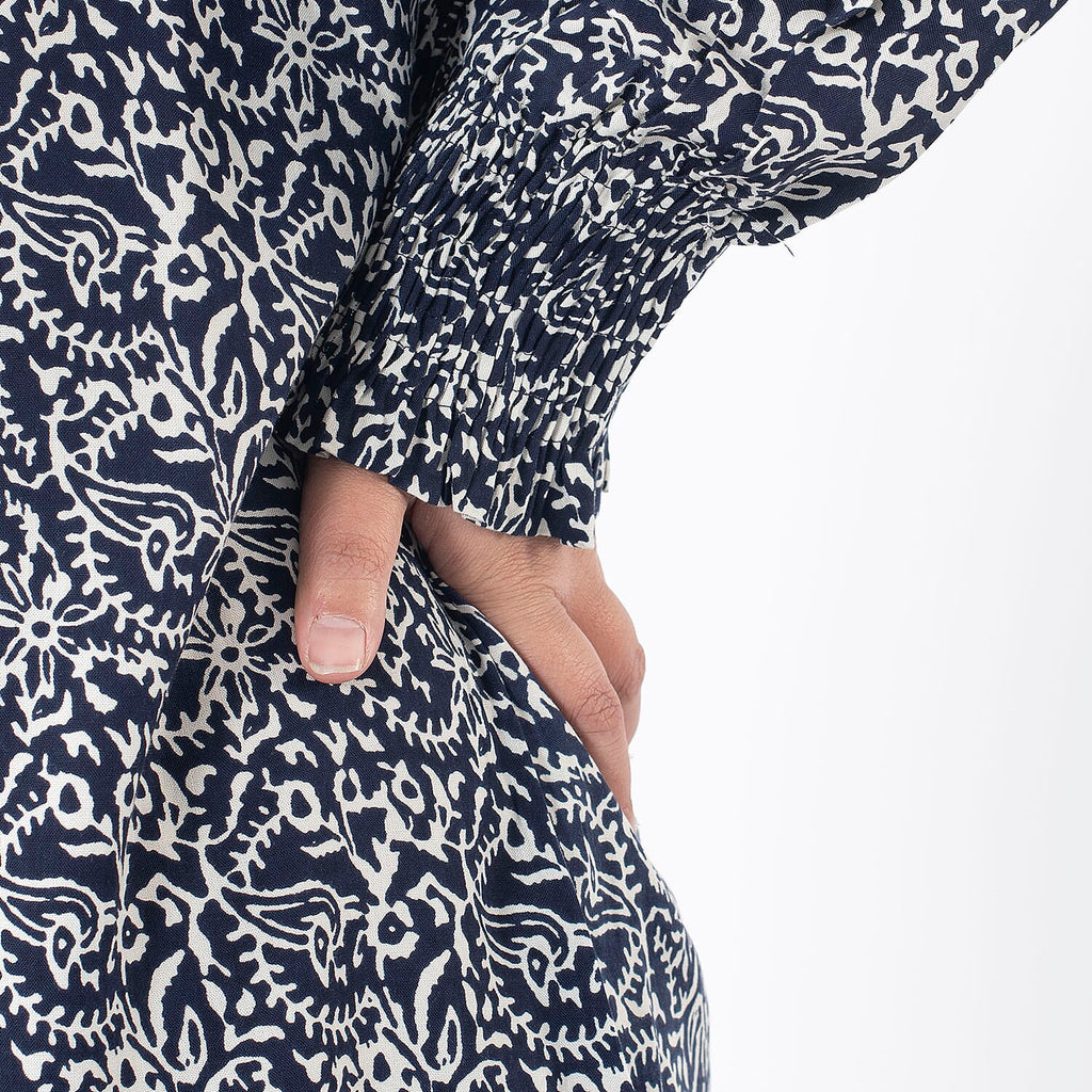 TAMSY 100% Viscose Floral Printed Bishop Sleeve Top  (Size XXL, 24-26) - Navy