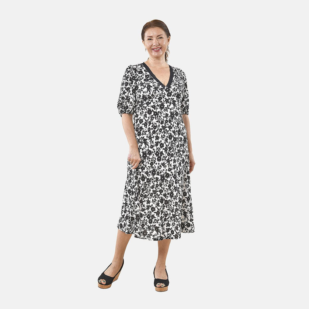 Tamsy 100% Viscose Floral Pattern Lace Trim Dress  - Black and Multi
