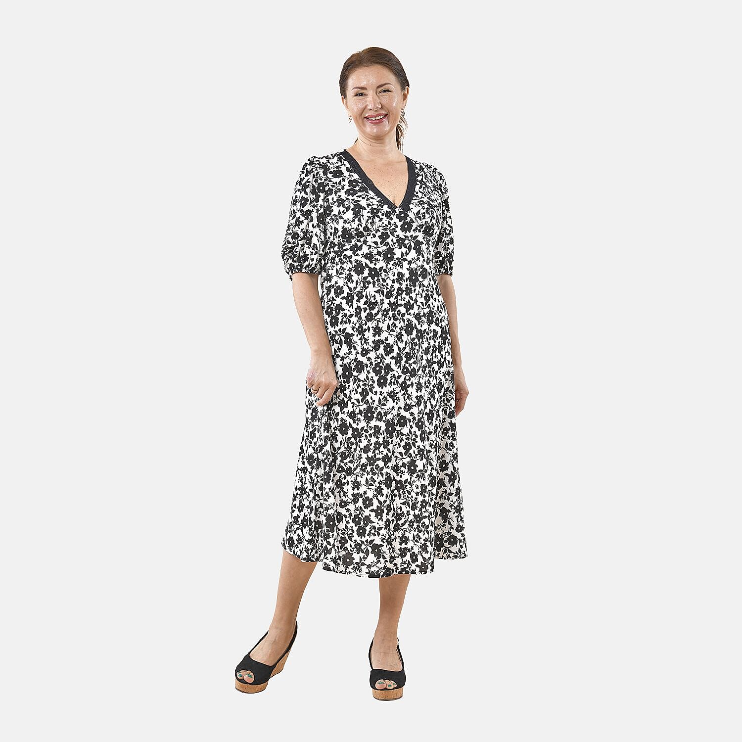 Tamsy 100% Viscose Floral Pattern Lace Trim Dress  - Black and Multi