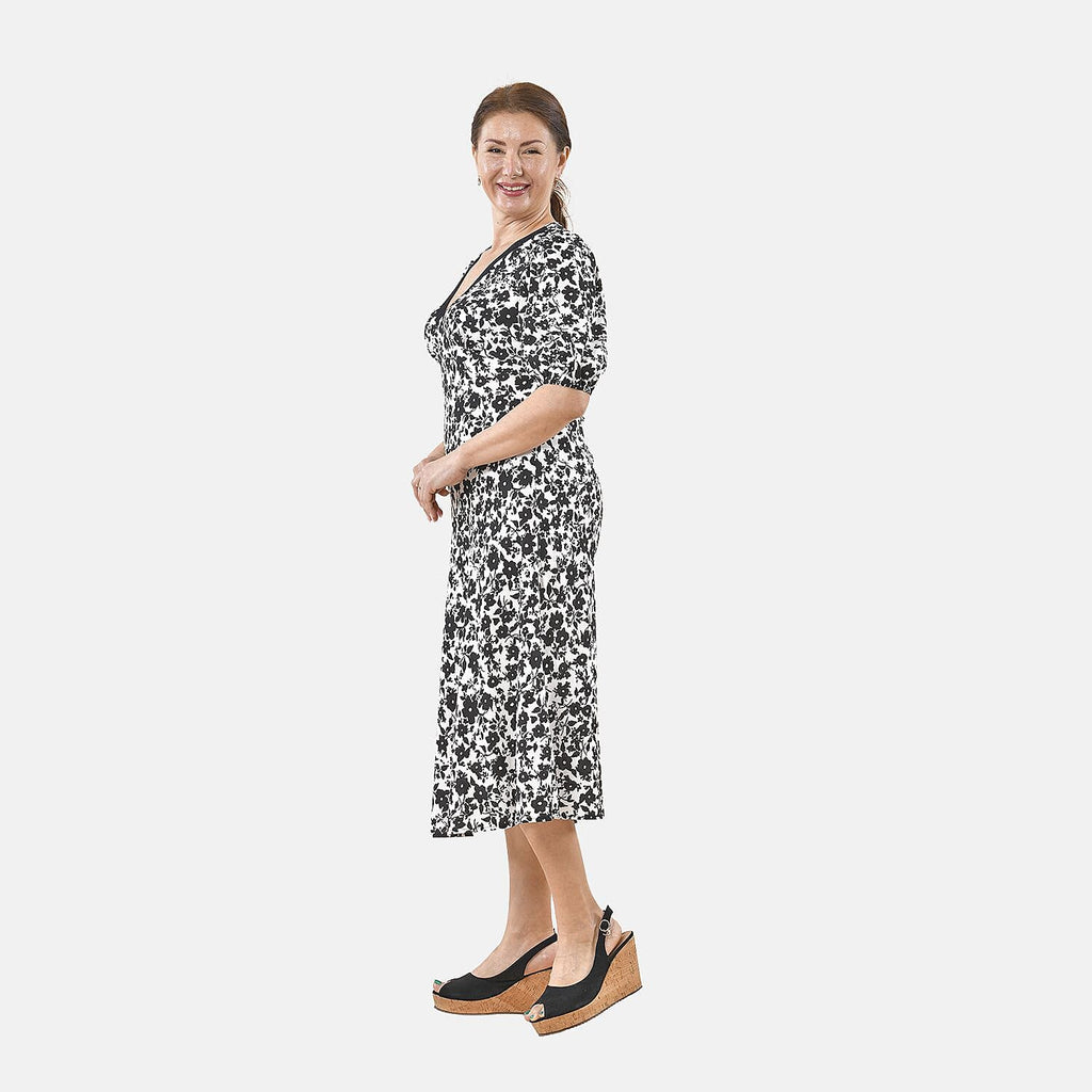 Tamsy 100% Viscose Floral Pattern Lace Trim Dress  - Black and Multi