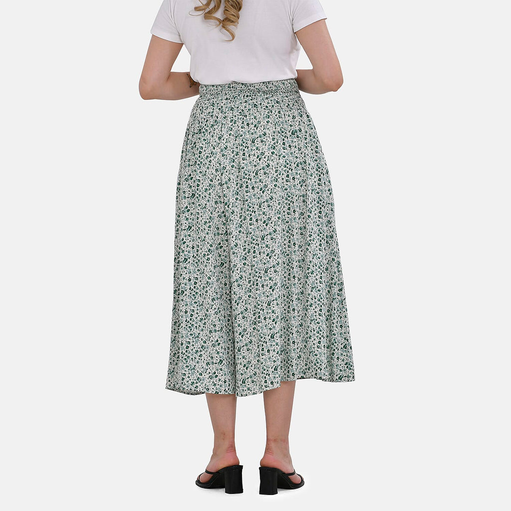 Tamsy 100% Viscose Floral Pattern Smocked Waist Culottes (Curve Size)  - Light Green