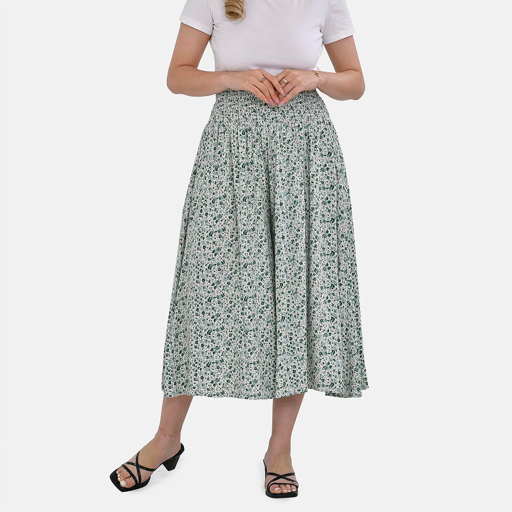 Tamsy 100% Viscose Floral Pattern Smocked Waist Culottes (Curve Size)  - Light Green