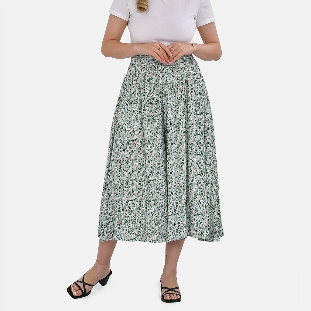 Tamsy 100% Viscose Floral Pattern Smocked Waist Culottes (Curve Size)  - Light Green