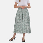 Tamsy 100% Viscose Floral Pattern Smocked Waist Culottes (Curve Size)  - Light Green